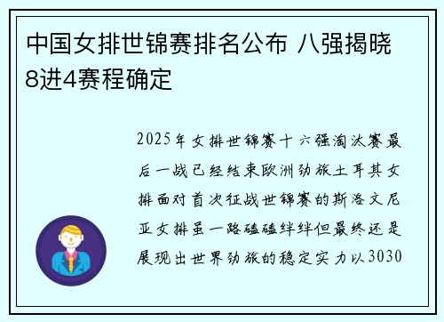 中国女排世锦赛排名公布 八强揭晓 8进4赛程确定